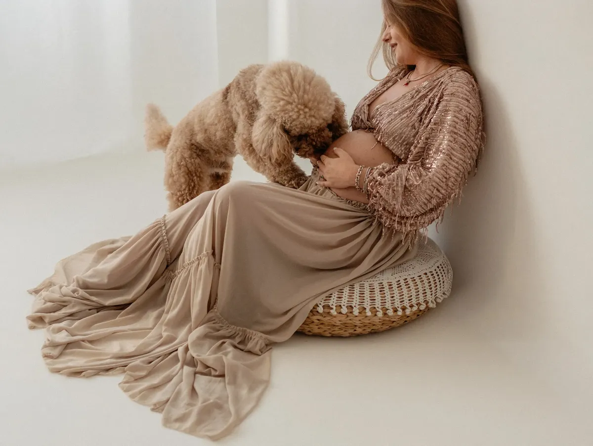 Futura mamma seduta con cagnolino che annusa il pancione, abito beige con frange
