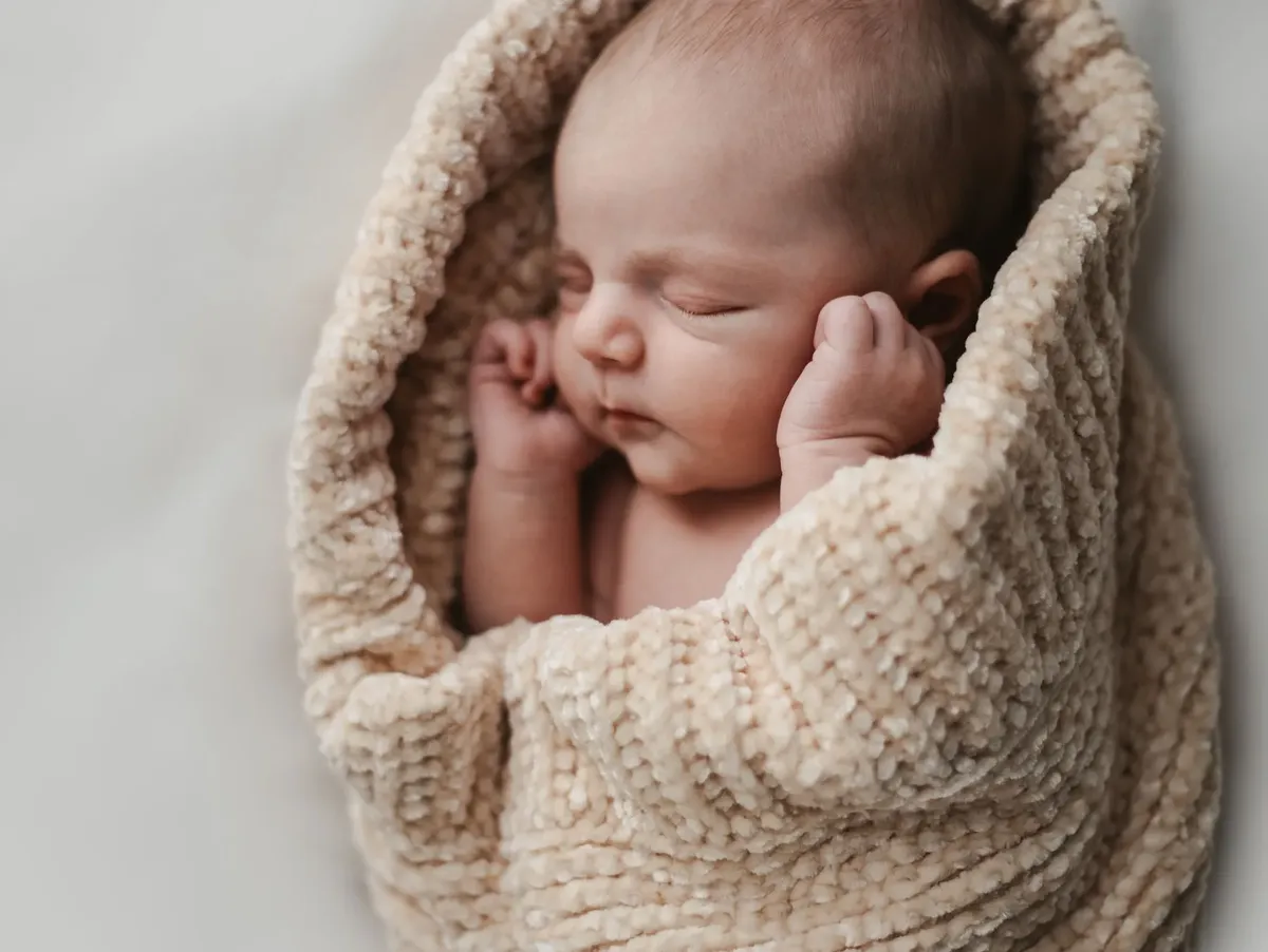 Neonato che dorme rannicchiato in coperta a maglia beige, servizio newborn Milano