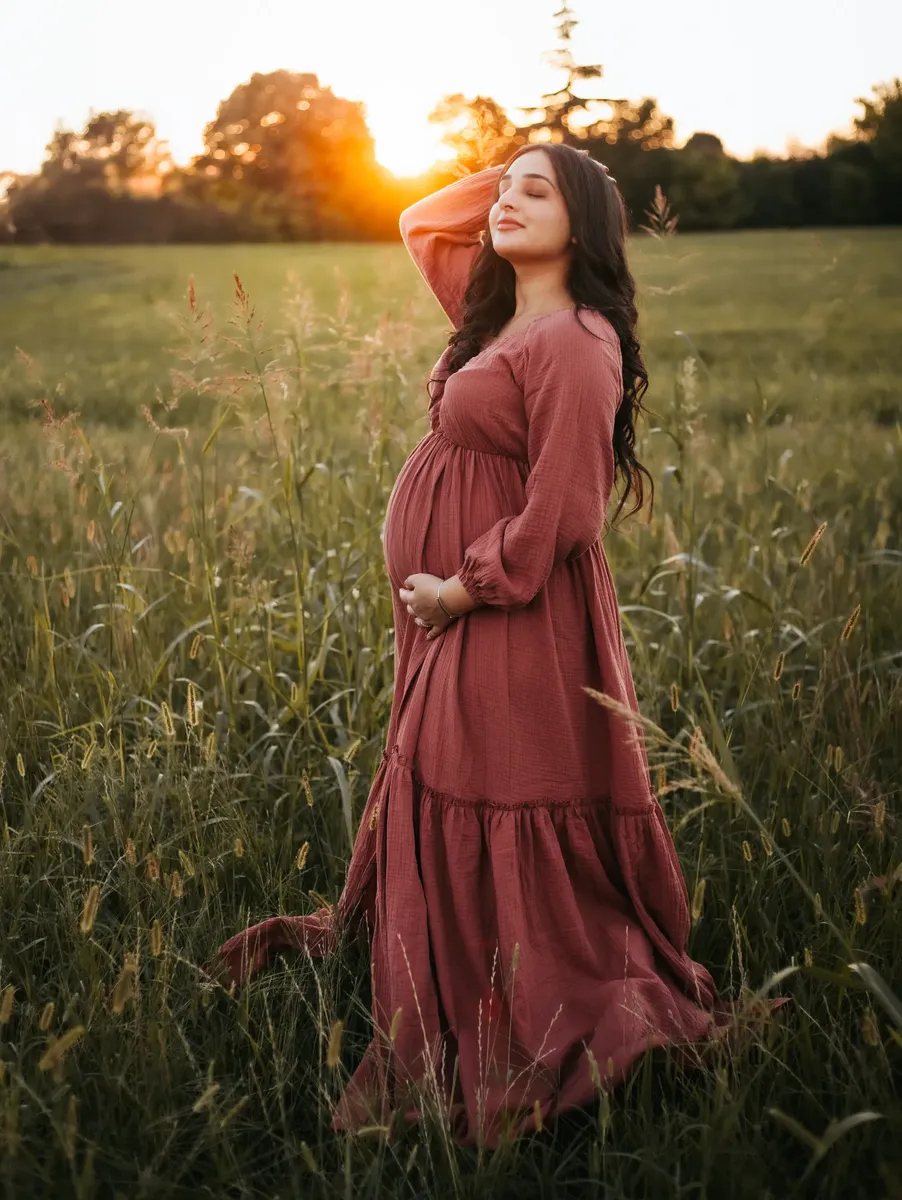 Futura mamma in abito lungo terracotta in un campo di grano al tramonto, servizio maternità in esterna