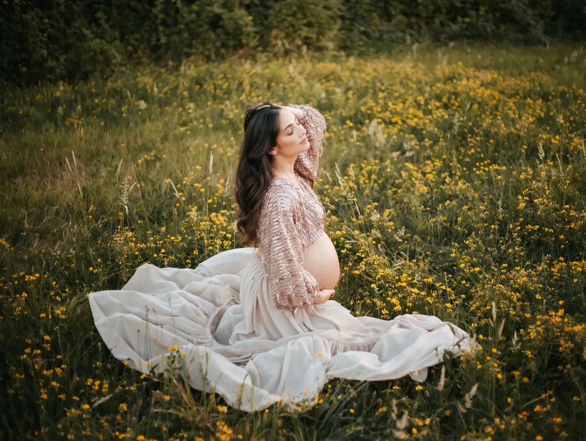 Futura mamma seduta in un prato di fiori gialli con abito bohémien e top rosa, servizio maternità in esterna